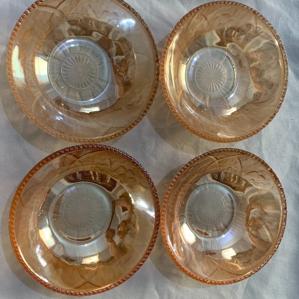 Four Vintage Iridescent Depression Glass Iris and Herringbone 4" Berry Bowls